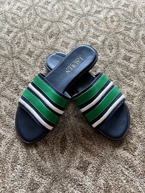 Lauren Ralph Lauren Navy, Green & White Striped Slide Sandals